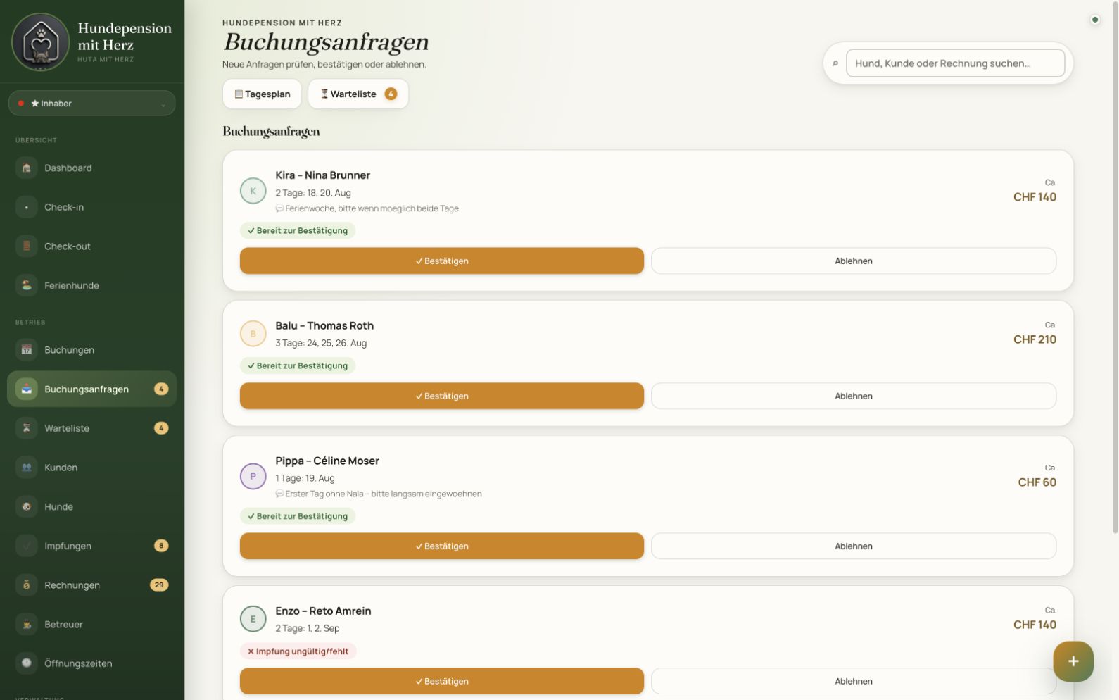 Buchungsanfragen mit Bestätigen- und Ablehnen-Aktion