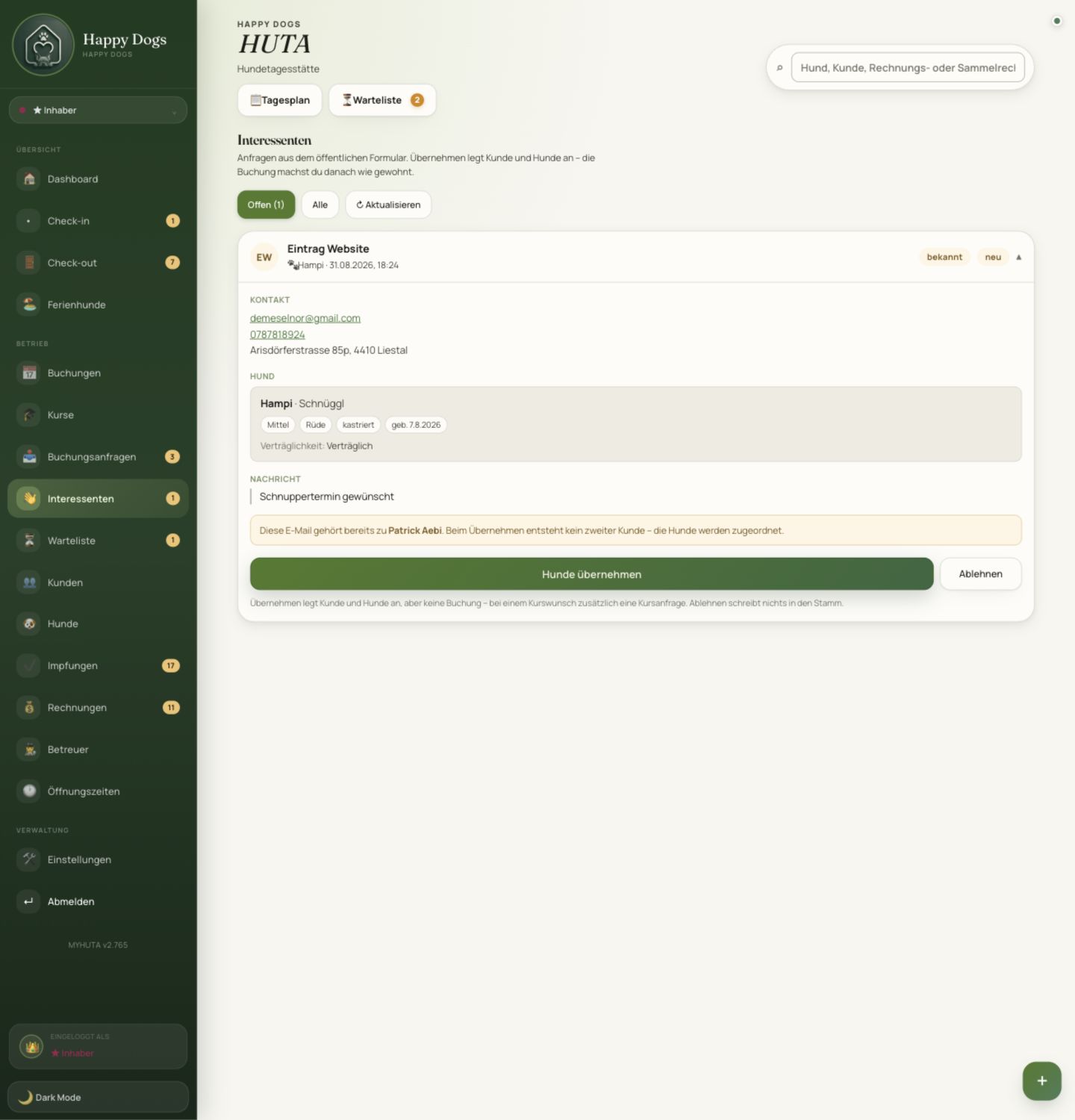 Interessenten: Website-Anfrage mit Kontakt- und Hundedaten zur Übernahme